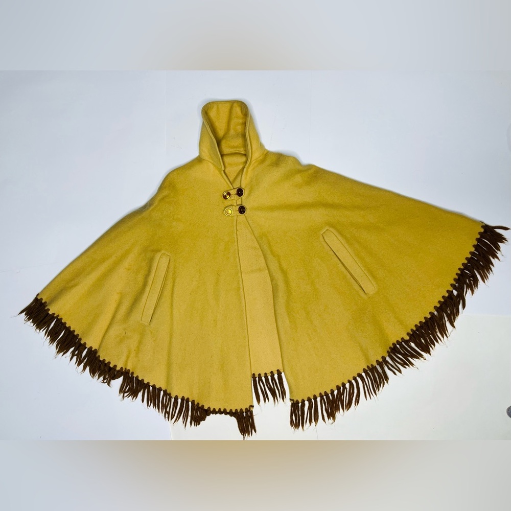 Vintage 1960s Handmade Mustard Yellow Felted Wool Poncho Women's Coat Cape